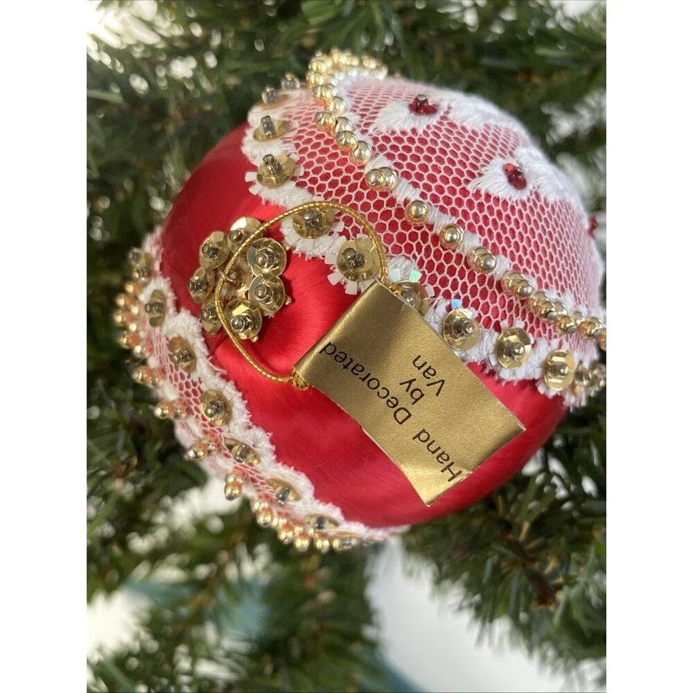 Red Satin Handmade Push Pin Christmas Ornament Lace Candle Scene Made by Van
